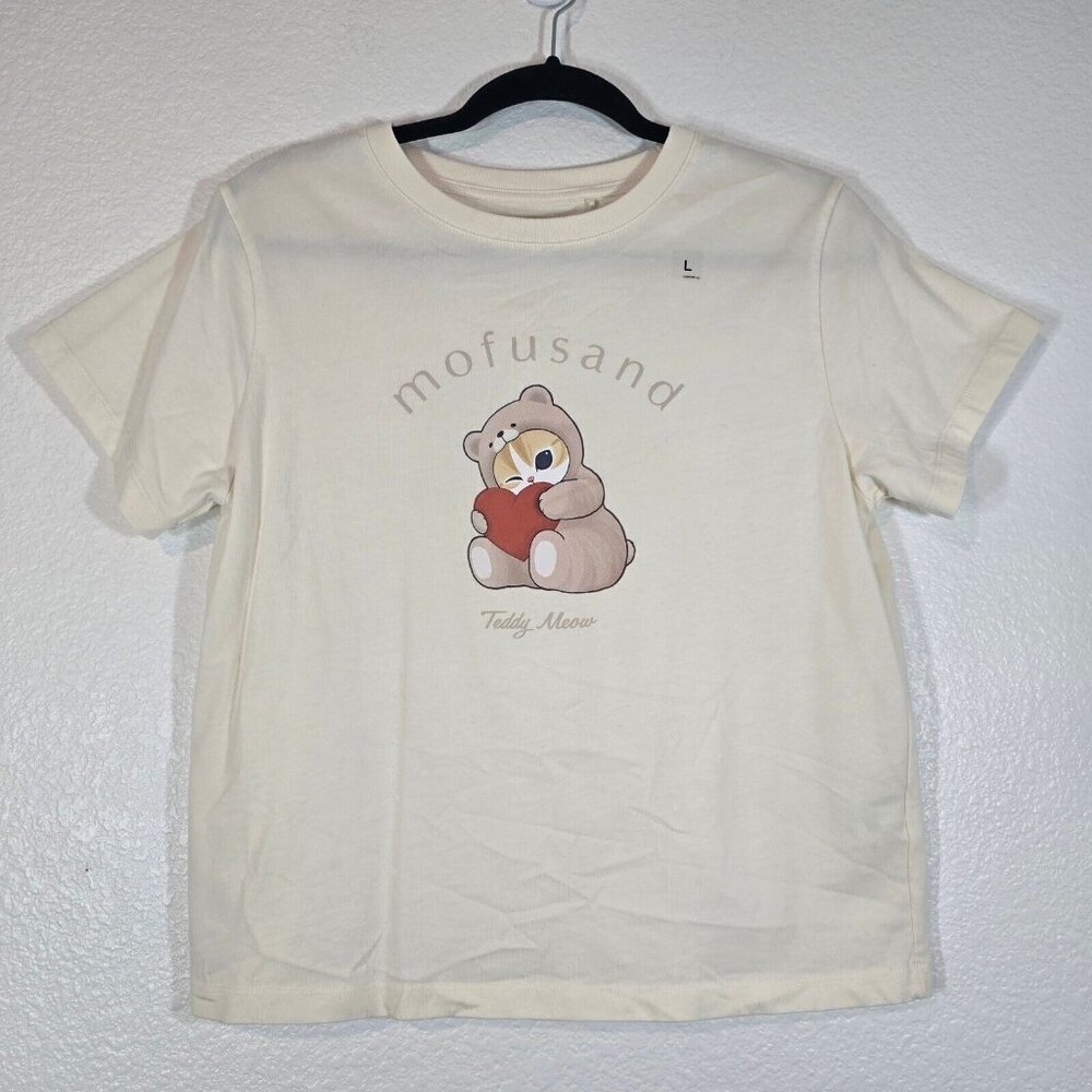Uniqlo Mofusand Teddy Meow Women Large T-Shirt Off White Graphic Tee Cat New
